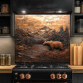 Panel antisalpicaduras de vidrio templado Valley Watcher – Panel antisalpicaduras de cocina con oso en la montaña