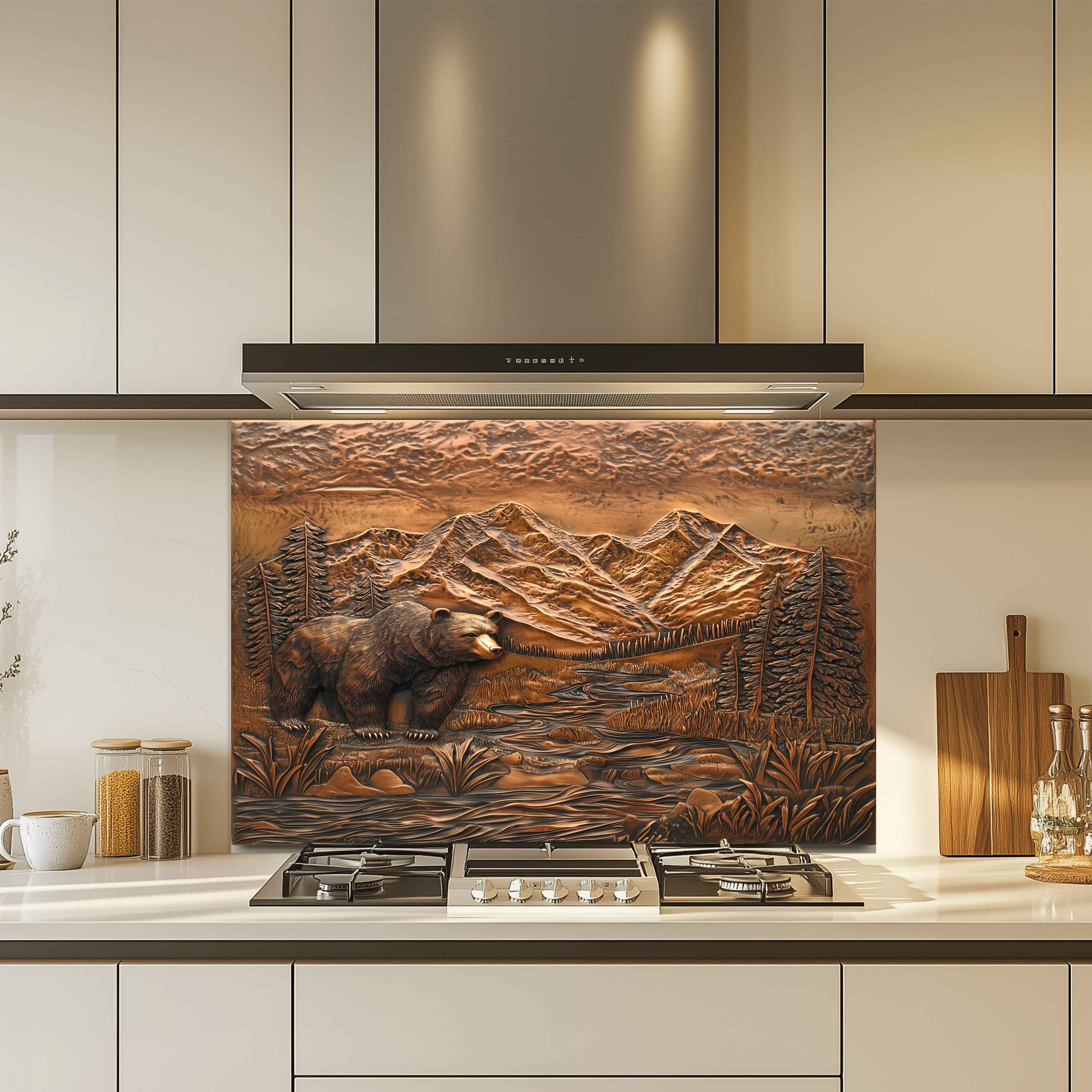 River Watch Tempered Glass Backsplash – Bear and Mountain Kitchen Splashback