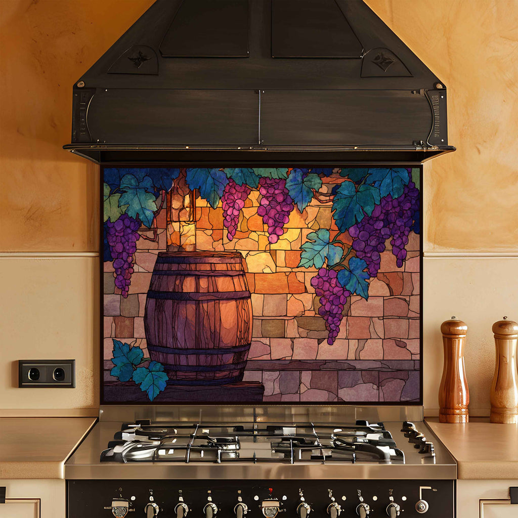Tempered Glass Backsplash for Kitchen | Rustic Wine Barrel & Vineyard Grape Design