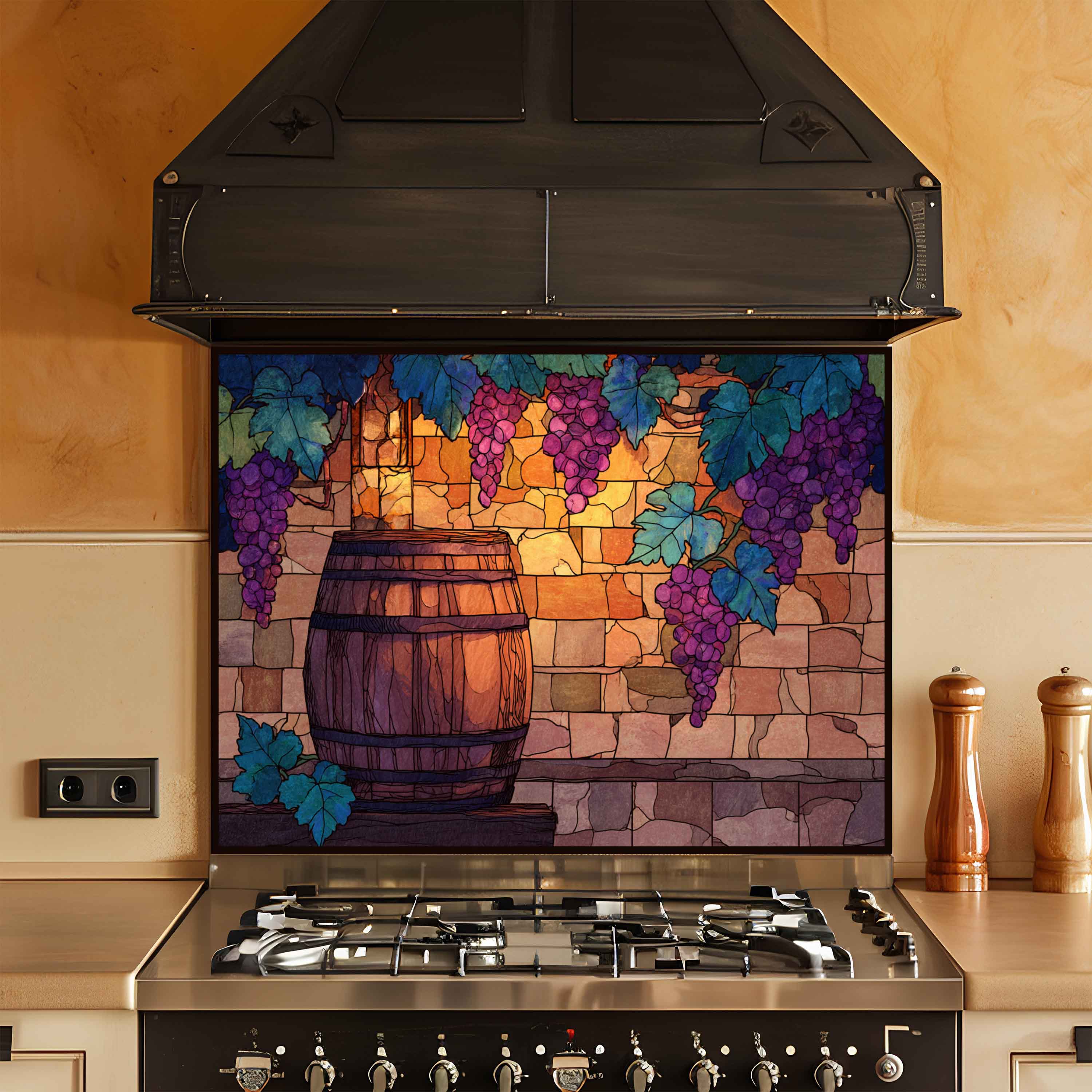 Tempered Glass Backsplash for Kitchen | Rustic Wine Barrel & Vineyard Grape Design