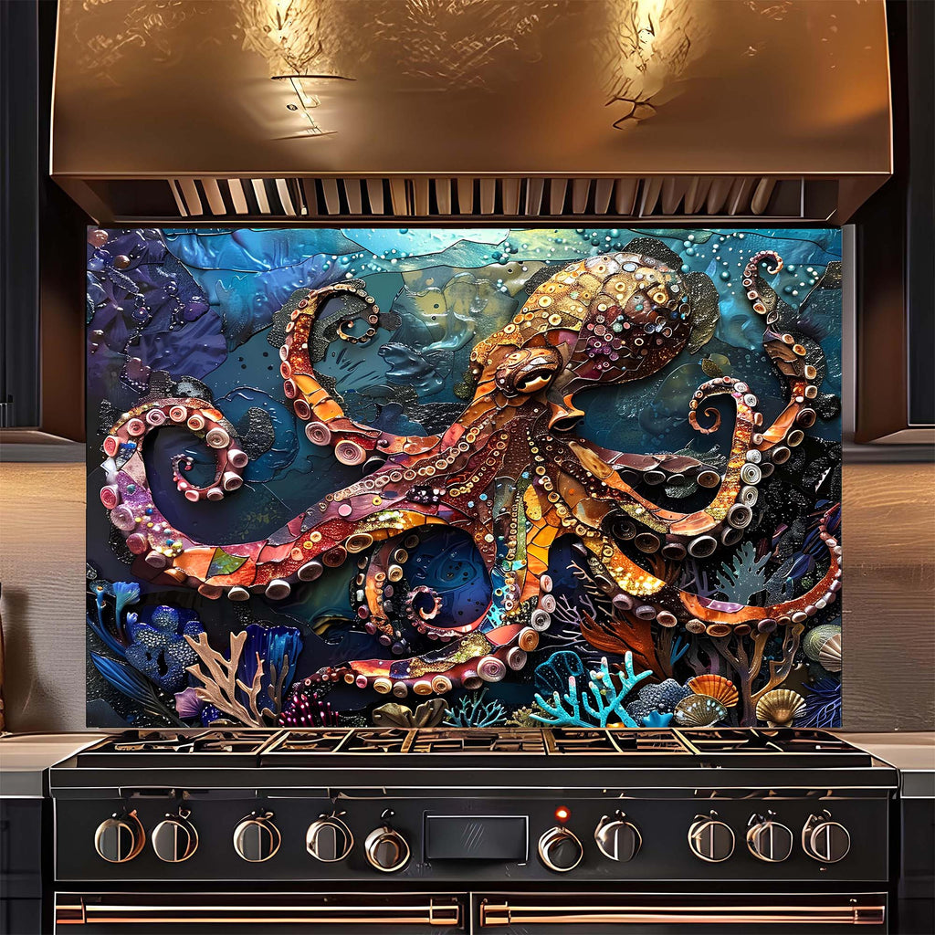Custom Kitchen Backsplash – Majestic Octopus Tempered Glass Stove Backsplash