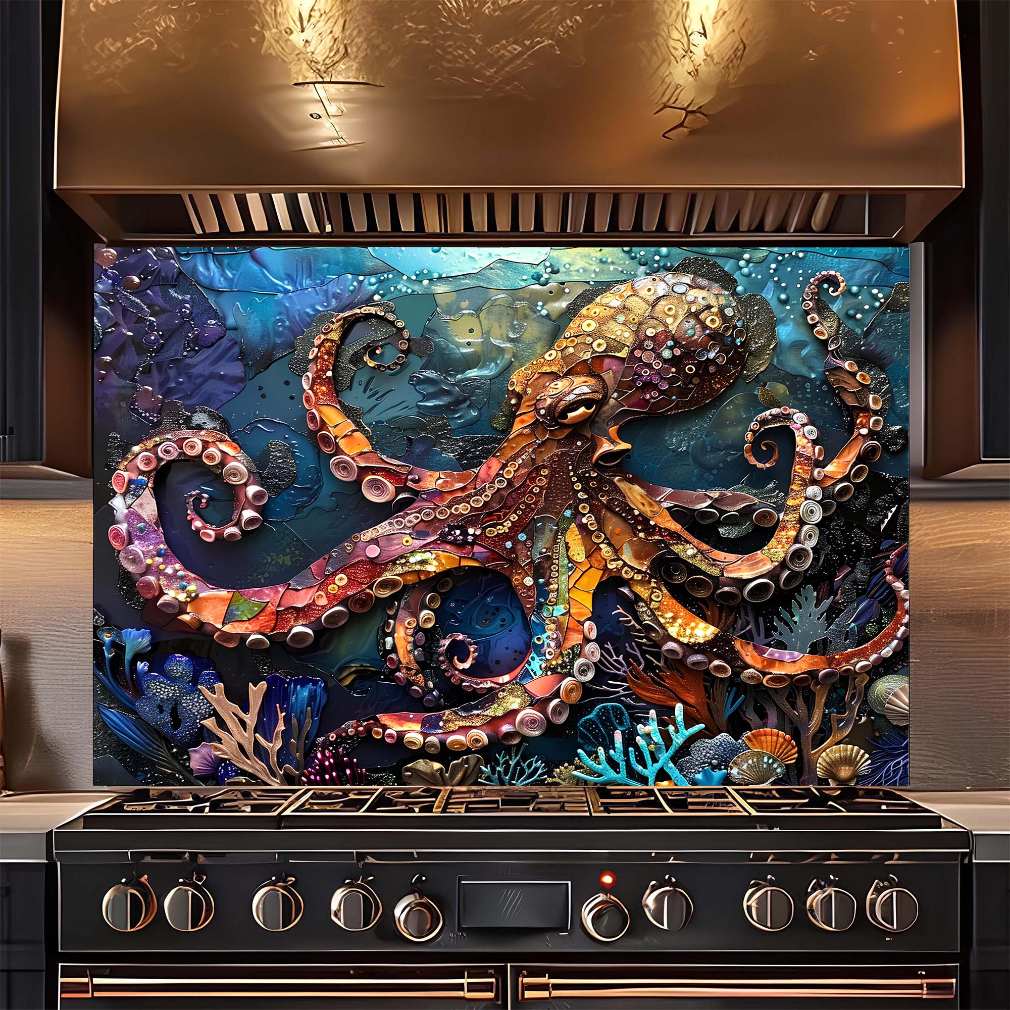 Custom Kitchen Backsplash – Majestic Octopus Tempered Glass Stove Backsplash