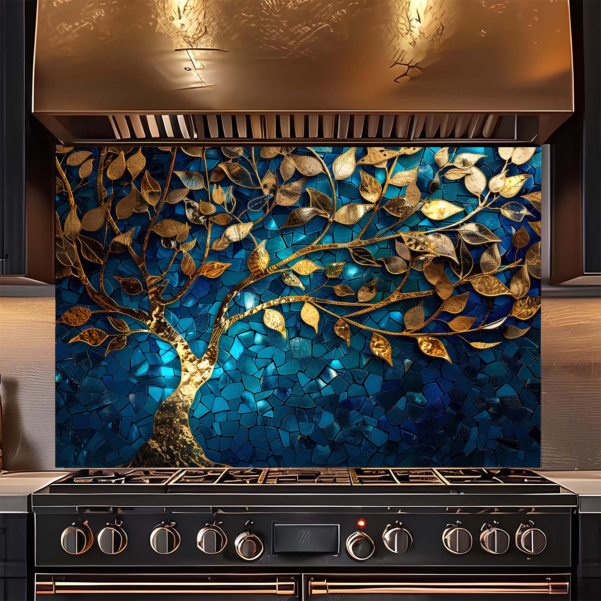 Custom Kitchen Backsplash – Golden Mosaic Look Tree Tempered Glass Backsplash