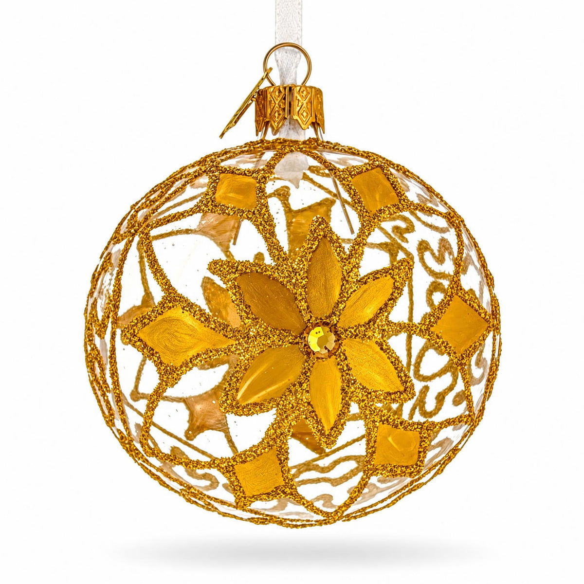 Jeweled White Filigree Flower Clear Glass Ball Christmas Ornament