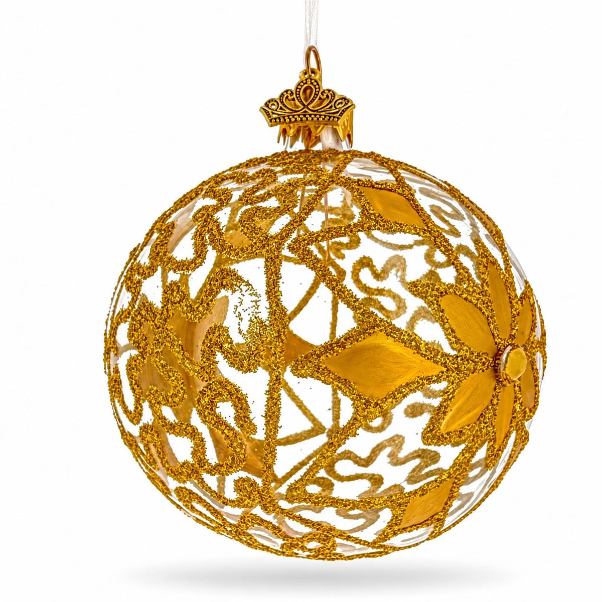 Jeweled White Filigree Flower Clear Glass Ball Christmas Ornament