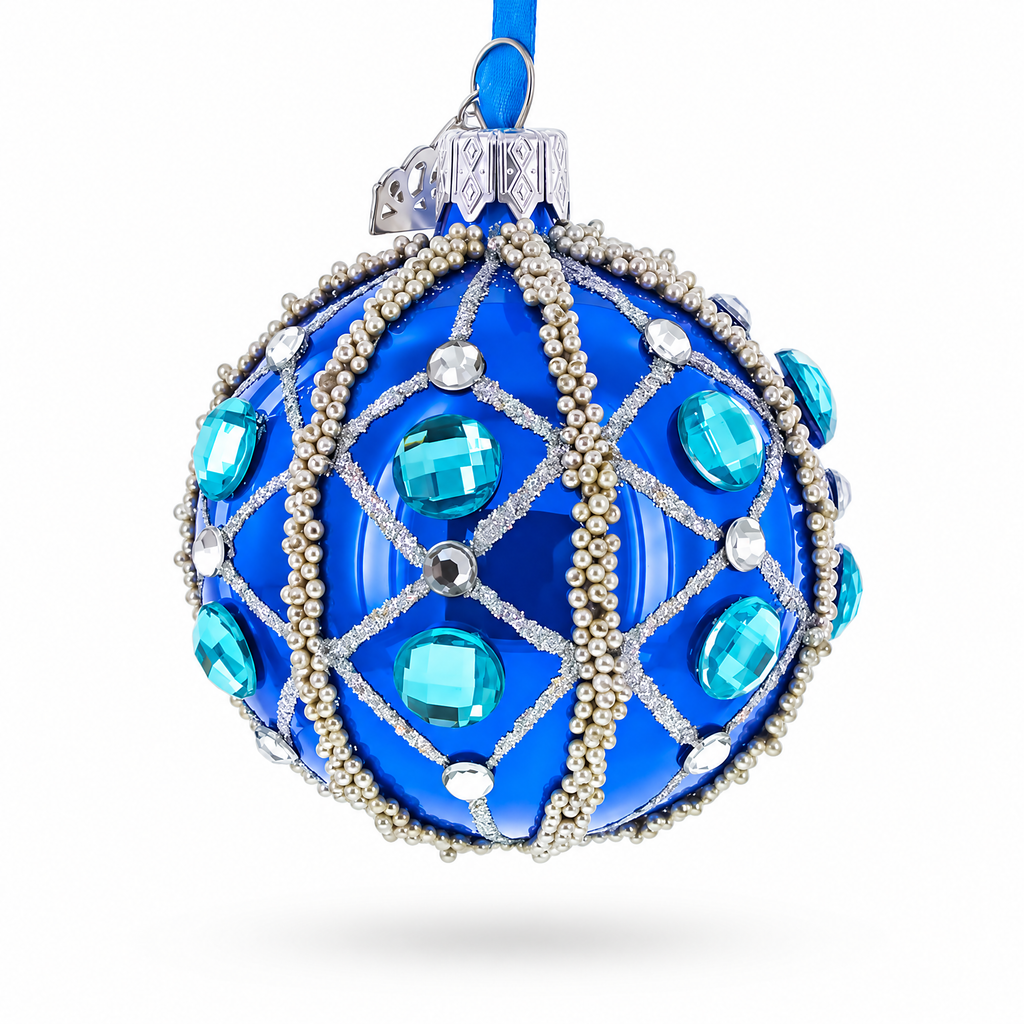 Silver Bead Lattice and Aqua Jewel Accents on Glossy Blue Glass Ball Christmas Ornament