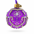 Silver Glitter Florals and Pearl Bead Scrollwork on Purple Glass Ball Christmas Ornament