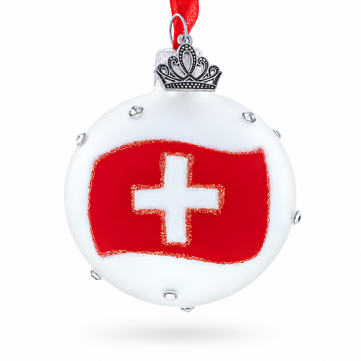 Swiss Flag Crystal Accents on Glass Ball Christmas Ornament