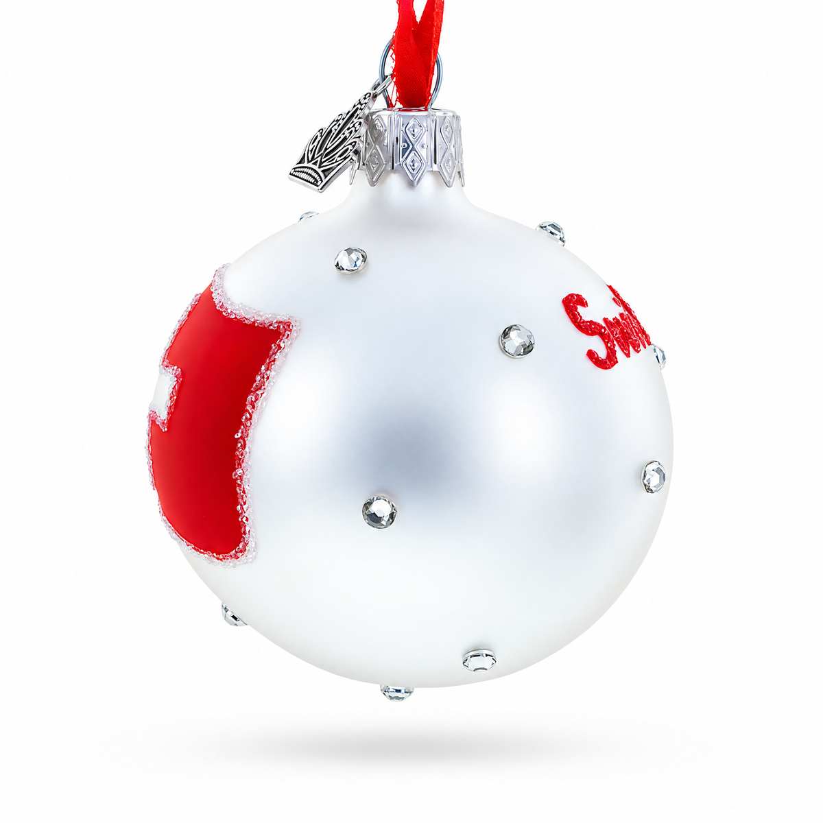 Swiss Flag Crystal Accents on Glass Ball Christmas Ornament