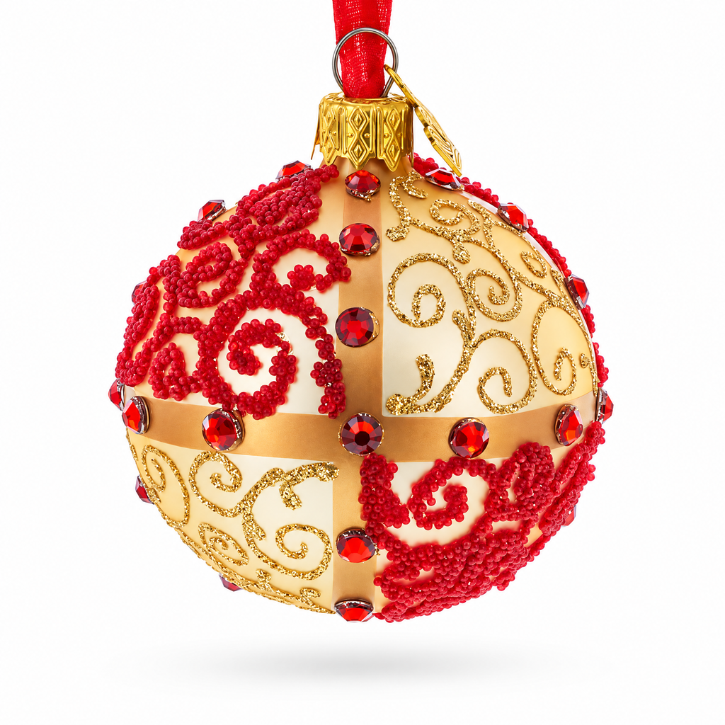 Jeweled Gold & Red Swirl Glass Ball Christmas Ornament