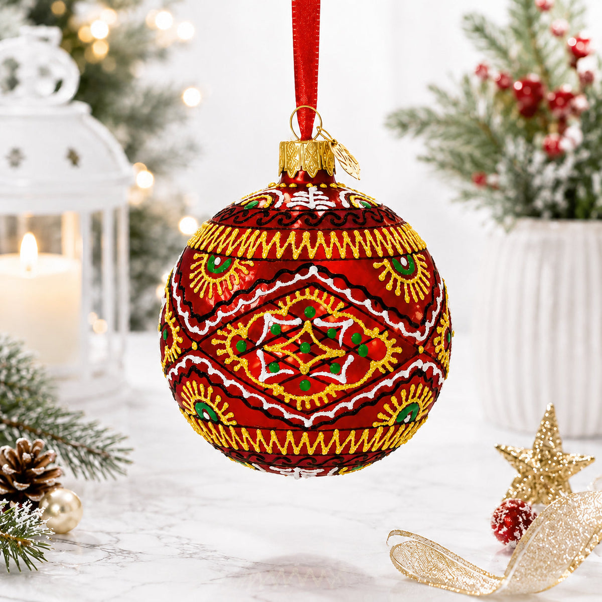Red Geometric Ukrainian Egg Glass Christmas Ornament 3.15 Inches