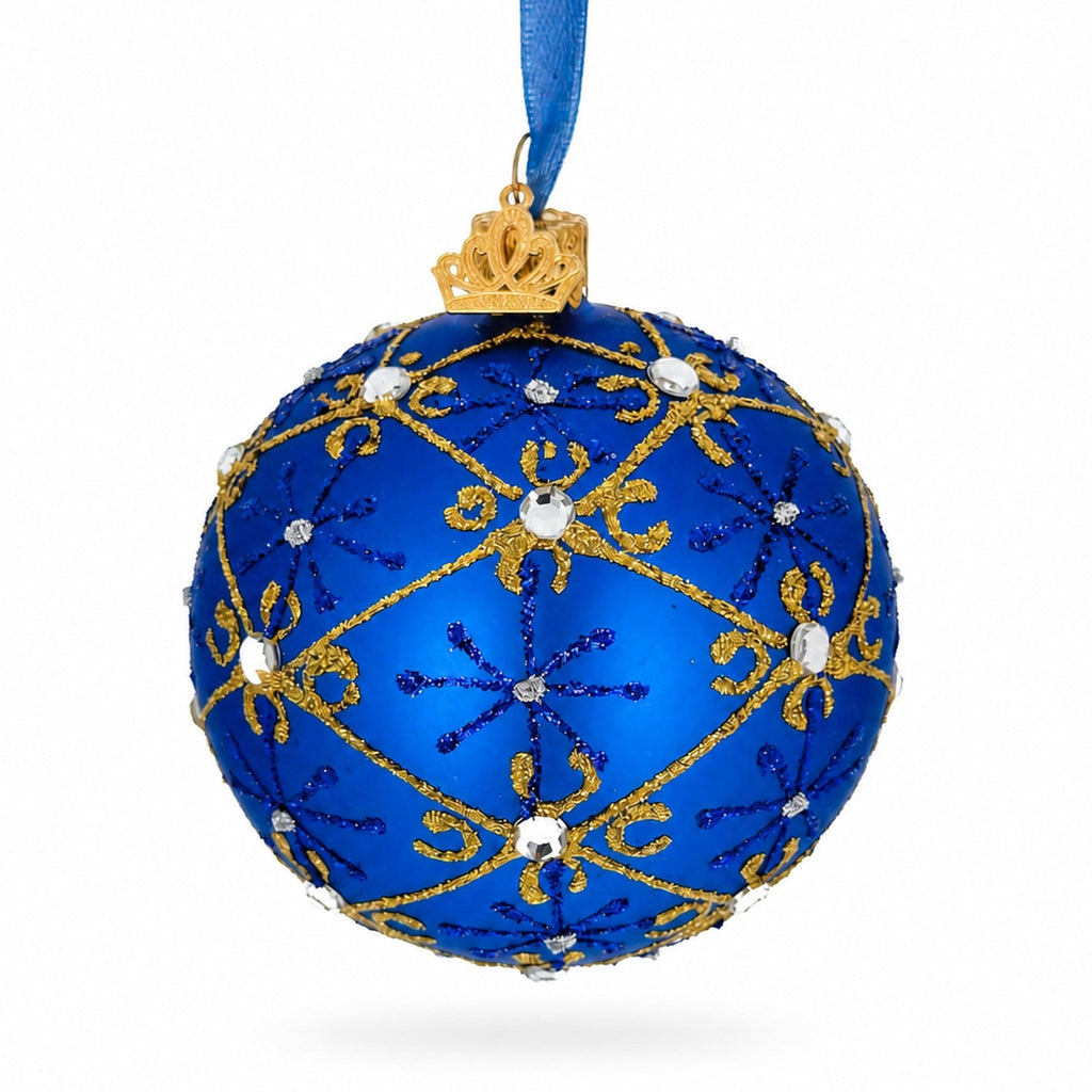 Jeweled Trellis On Blue Glass Egg Ornament 3.25 Inches