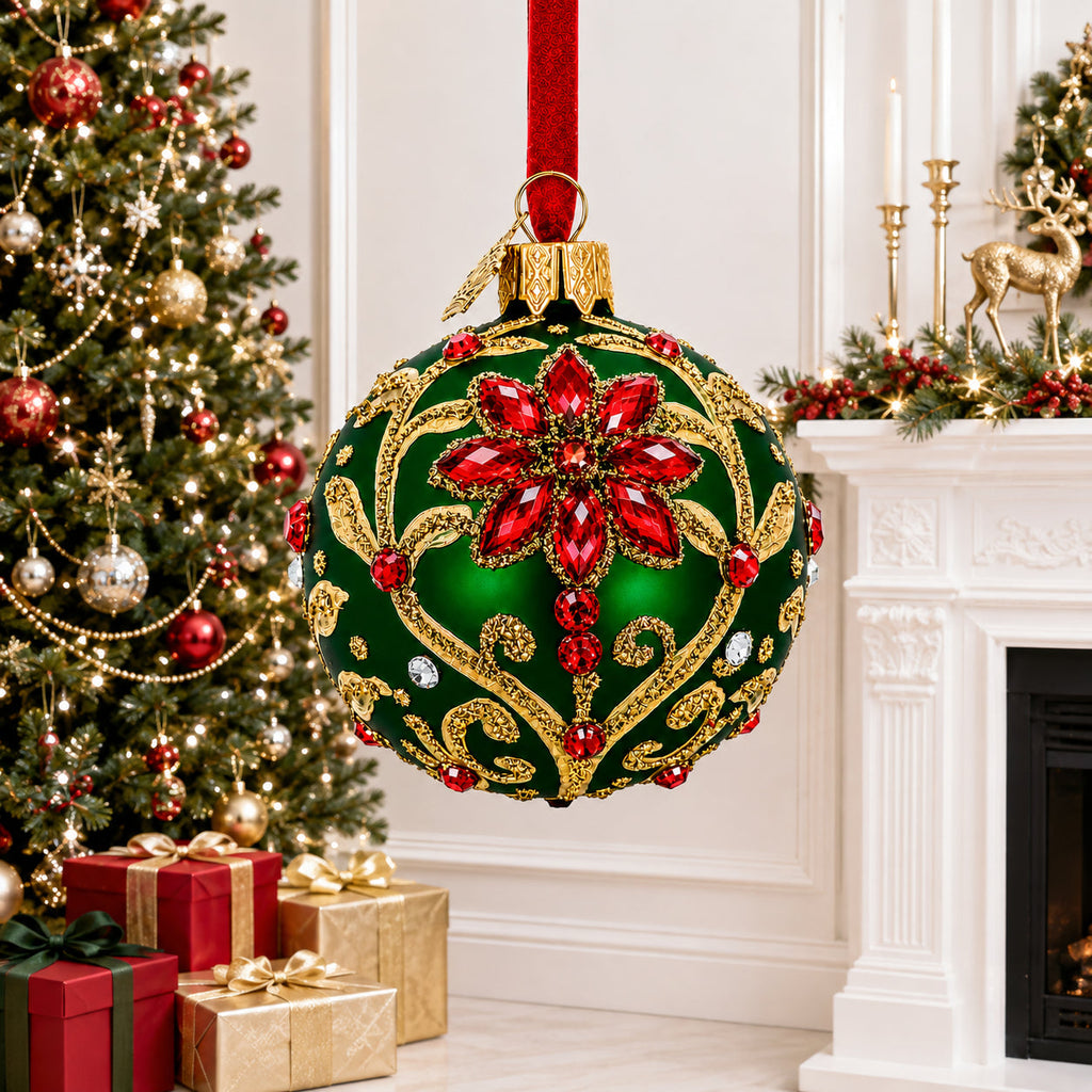 Jeweled Emerald Green Poinsettia Glass Ball Christmas Ornament