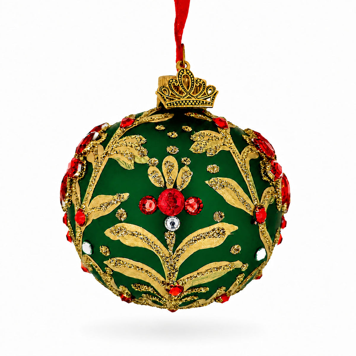 Jeweled Emerald Green Poinsettia Glass Ball Christmas Ornament