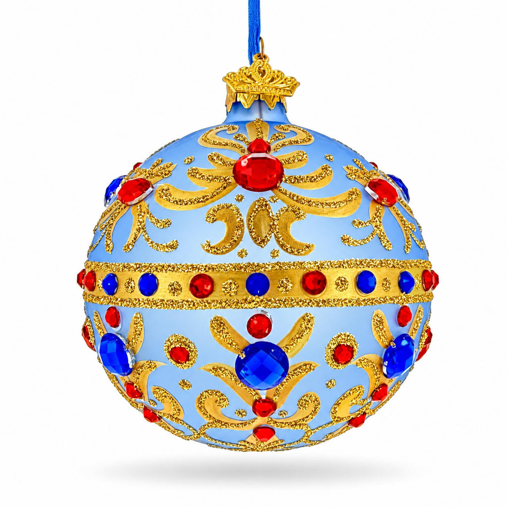 Royal Blue Scrollwork Jewel Tone Glass Ball Christmas Ornament