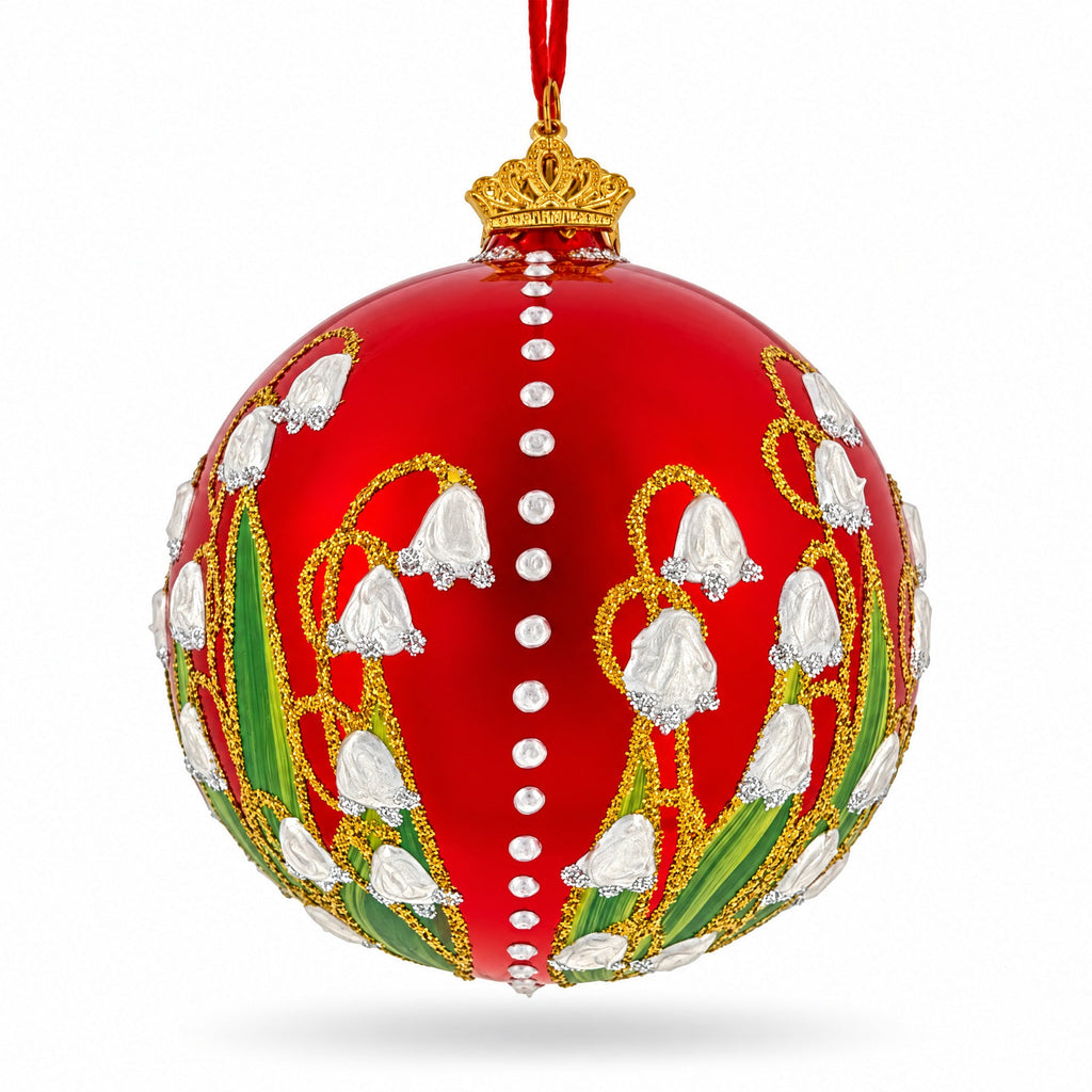 Lily of the Valley on Glossy Red Glass Ball Christmas Ornament
