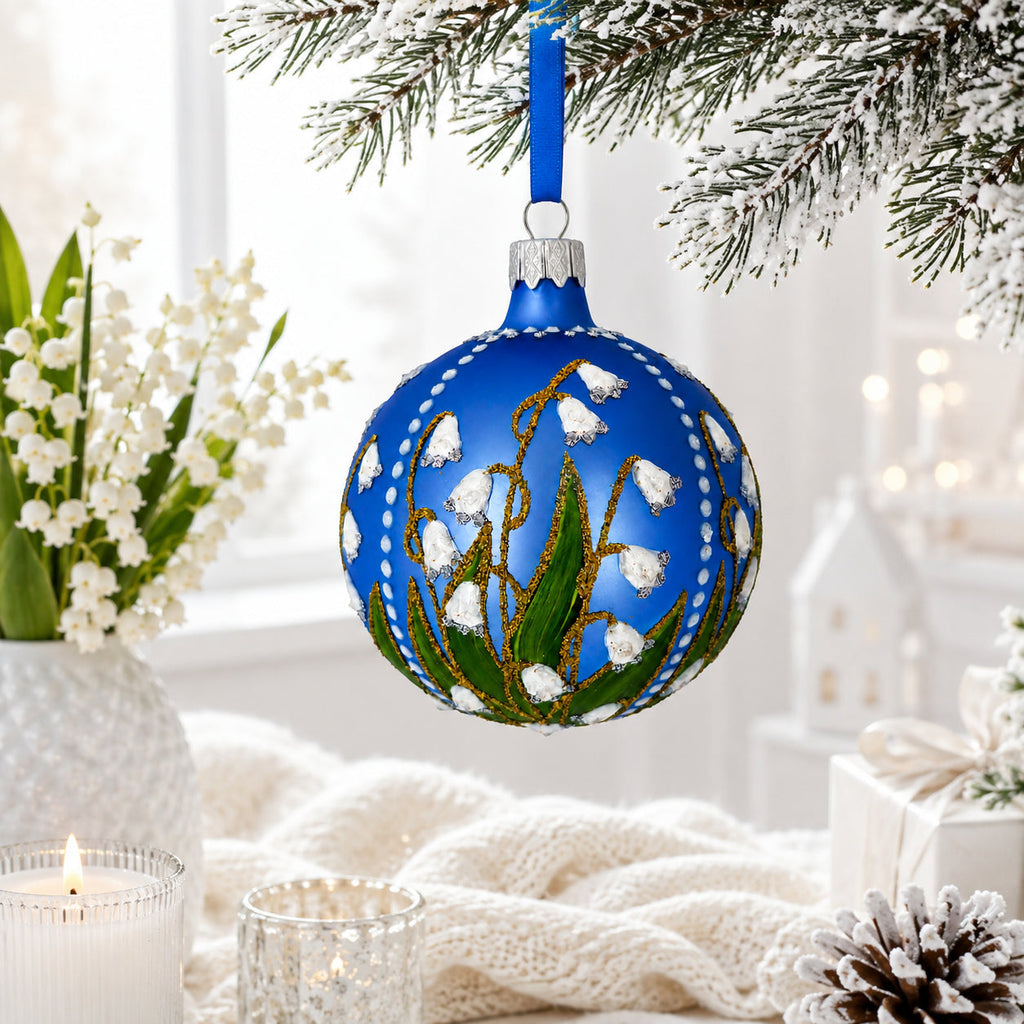 Lily of the Valley on Blue Glass Ball Christmas Ornament