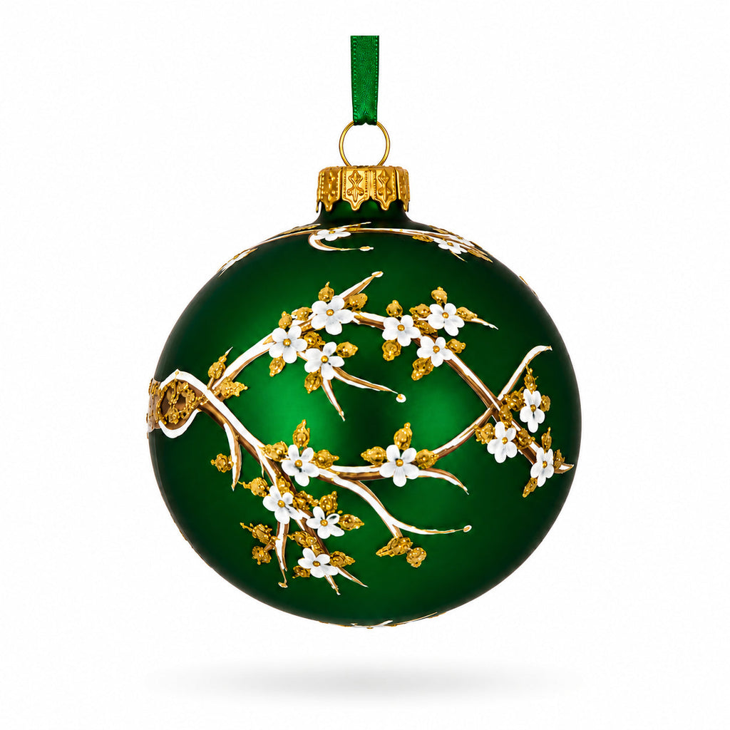 White Blossom Branch on Green Glass Egg Ornament