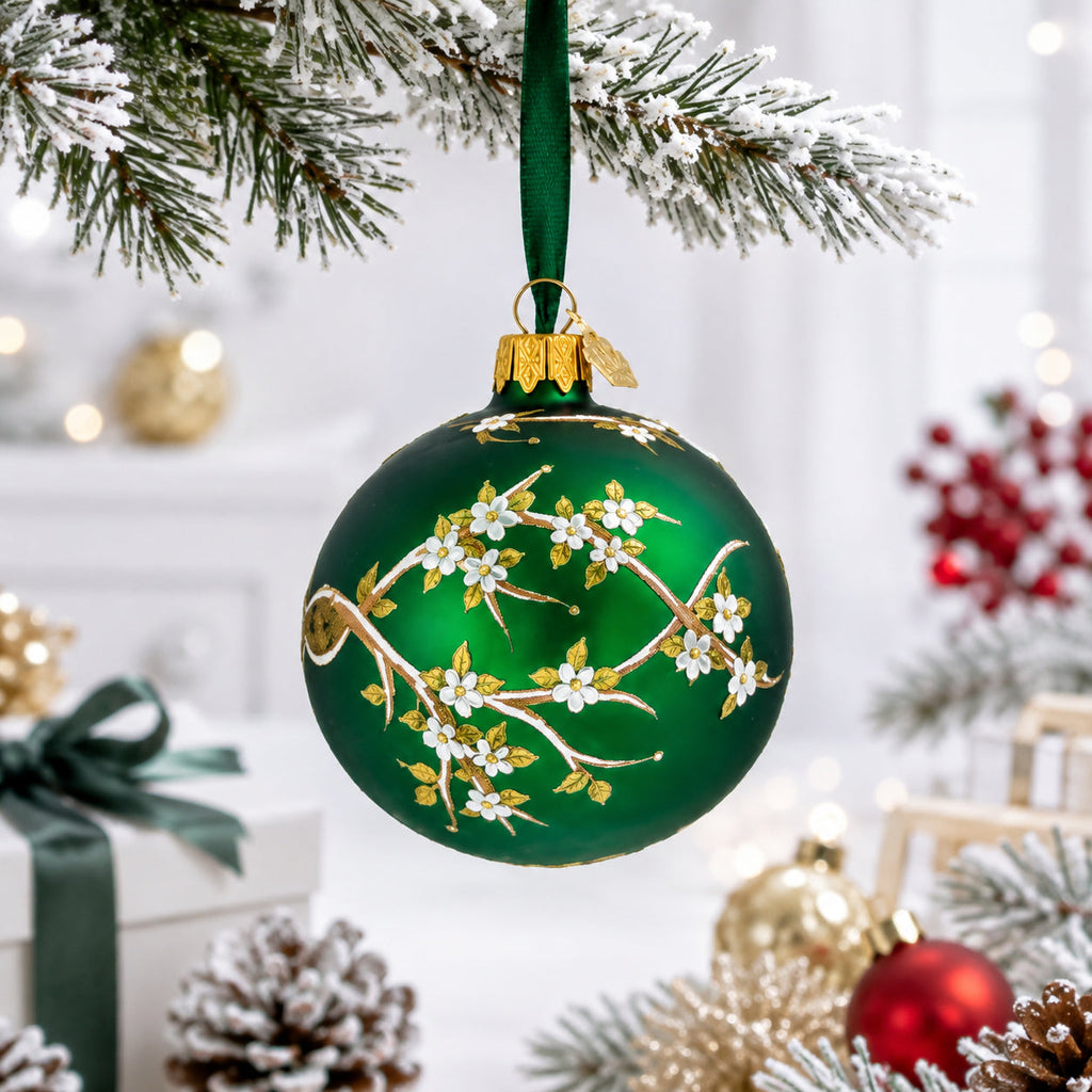 White Blossom Branch on Green Glass Egg Ornament
