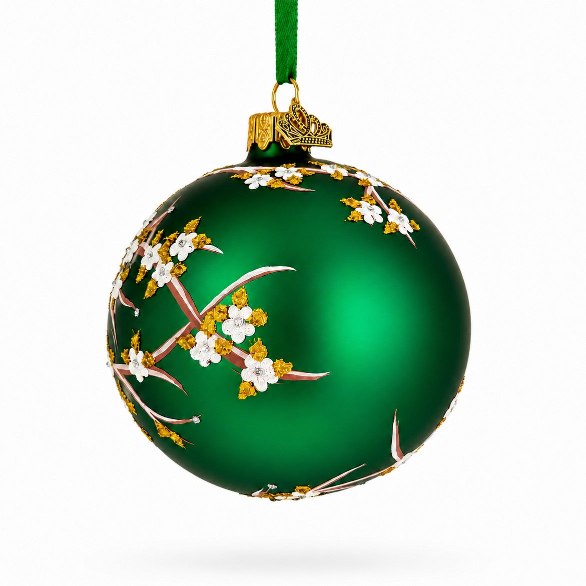 White Blossom Branch on Green Glass Egg Ornament