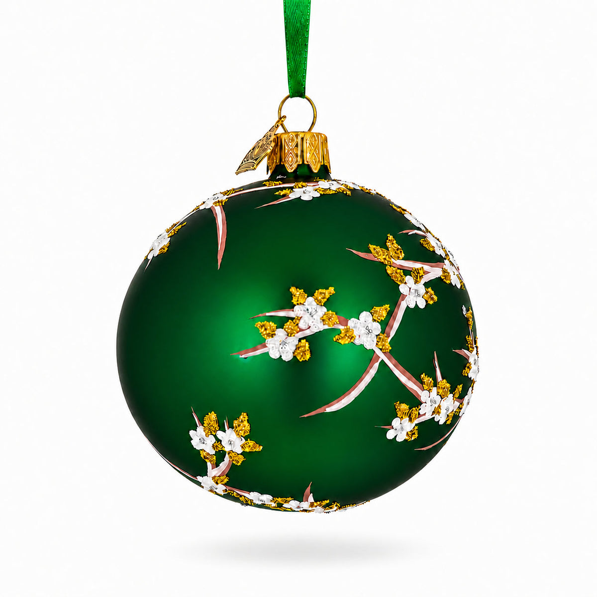White Blossom Branch on Green Glass Egg Ornament