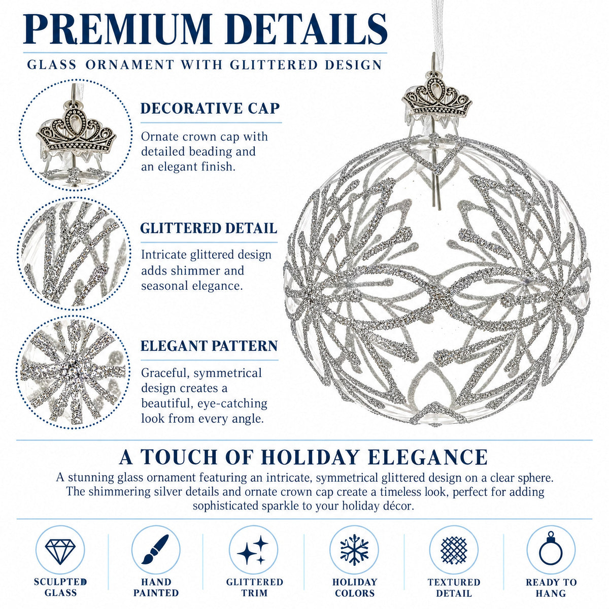 Silver Glitter Snowflake Clear Glass Ball Christmas Ornament