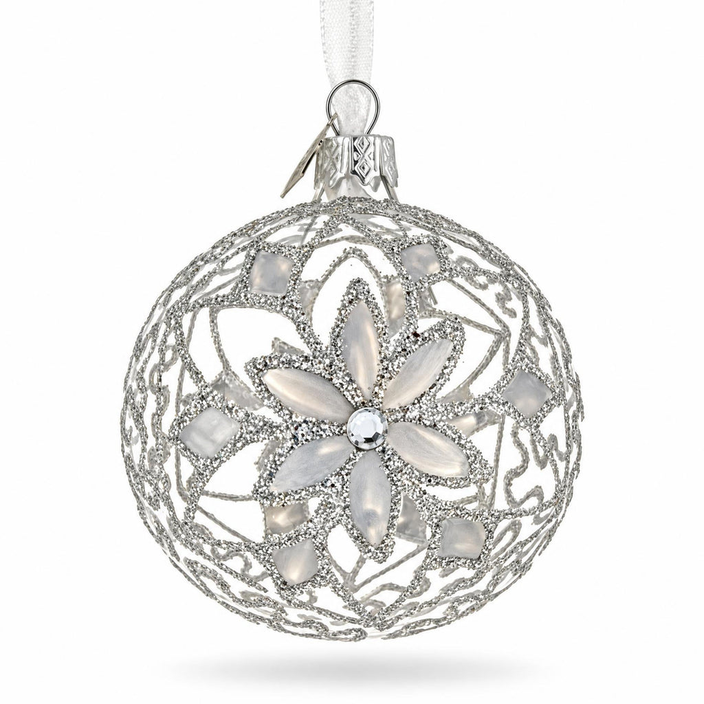 Silver Filigree Floral Design Glass Ball Christmas Ornament