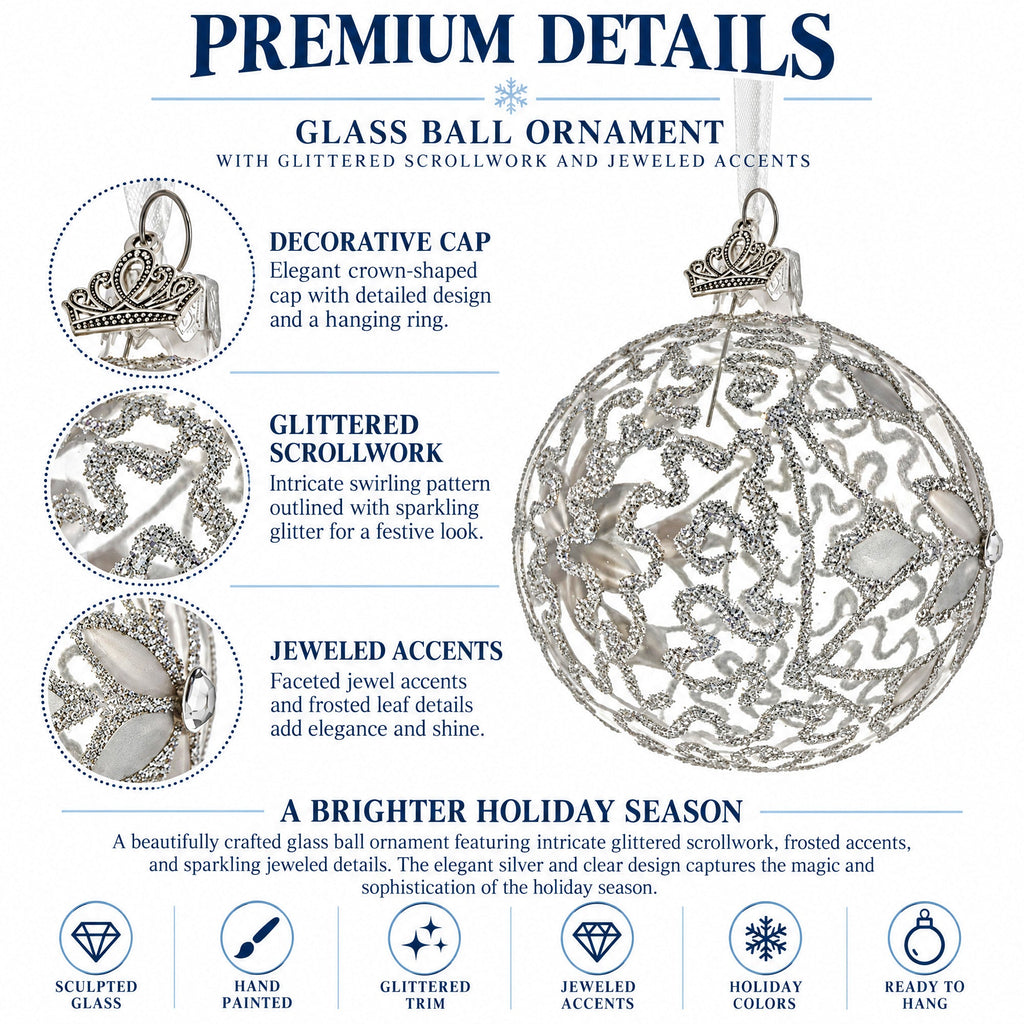 Silver Filigree Floral Design Glass Ball Christmas Ornament
