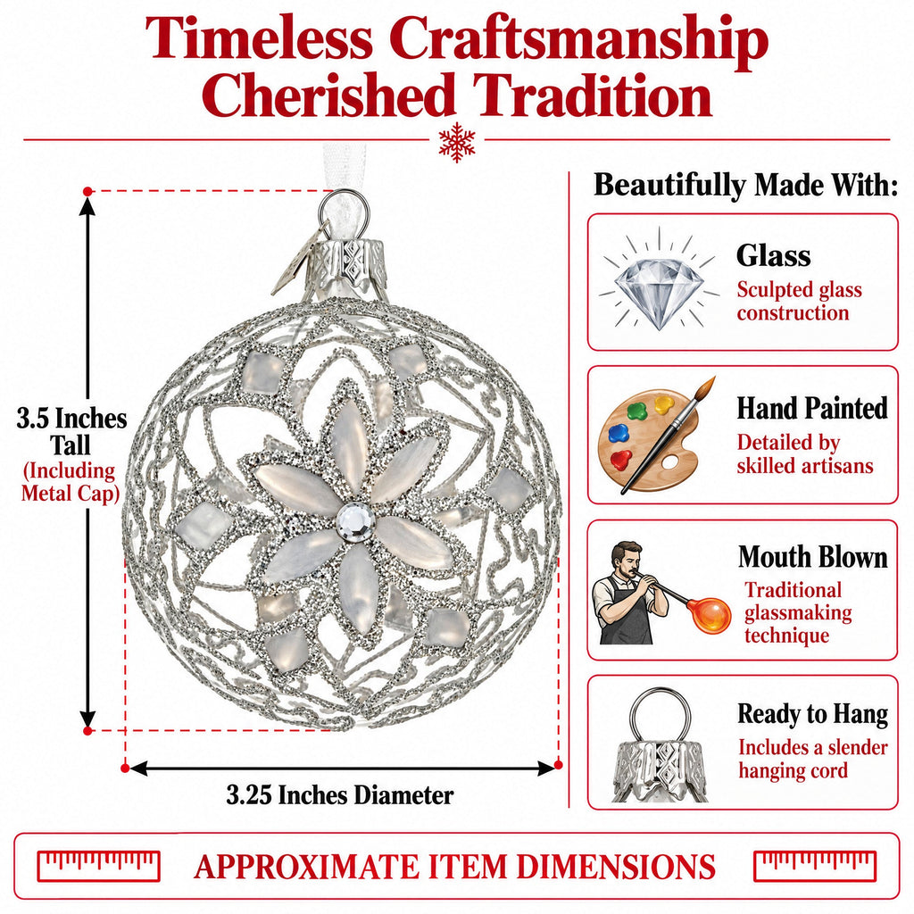 Silver Filigree Floral Design Glass Ball Christmas Ornament