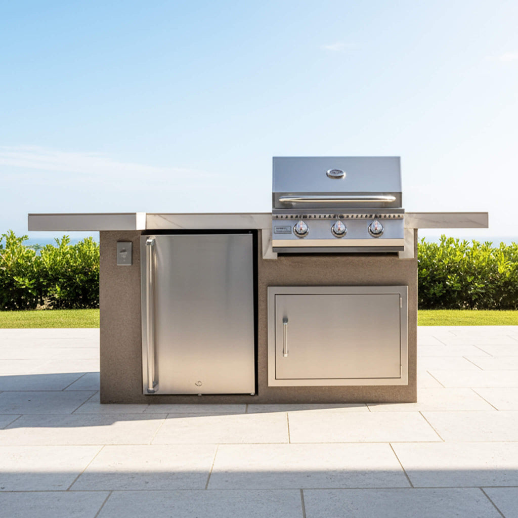 KoKoMo Grills Isla de barbacoa Mini Maui de 6 pies con luces LED, barbacoa integrada y refrigerador [hecho a pedido] (SAK53828)