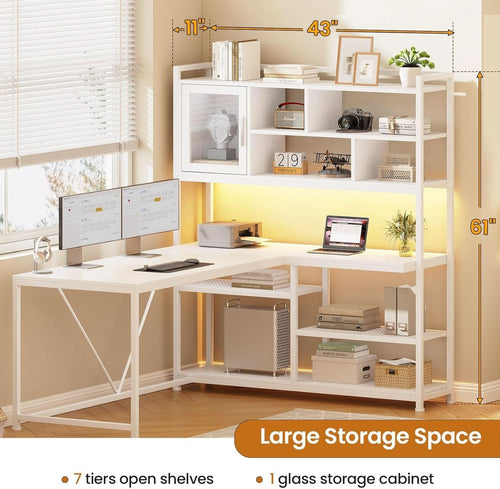 58 Inch L Shaped Desk With LED Light For Home Office