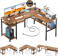 L Shaped Computer Desk With USB Ports And Power Outlets Rustic Brown