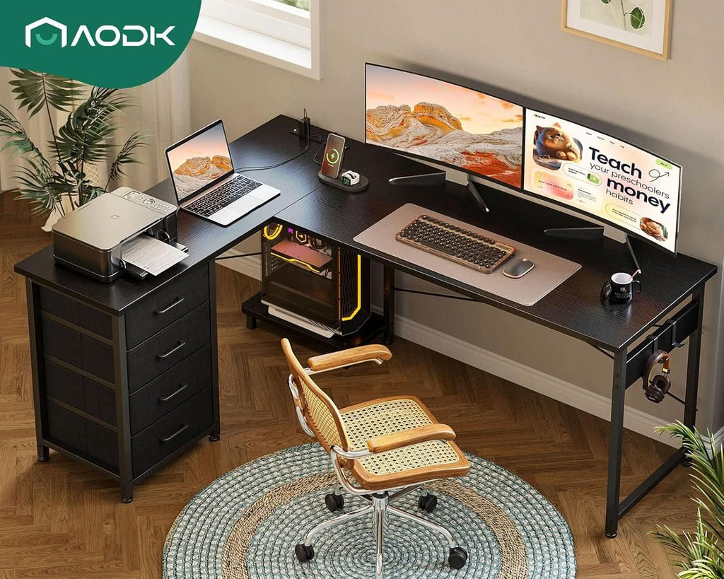 L Shaped Gaming Desk 61 Inch With Built In Power Outlets