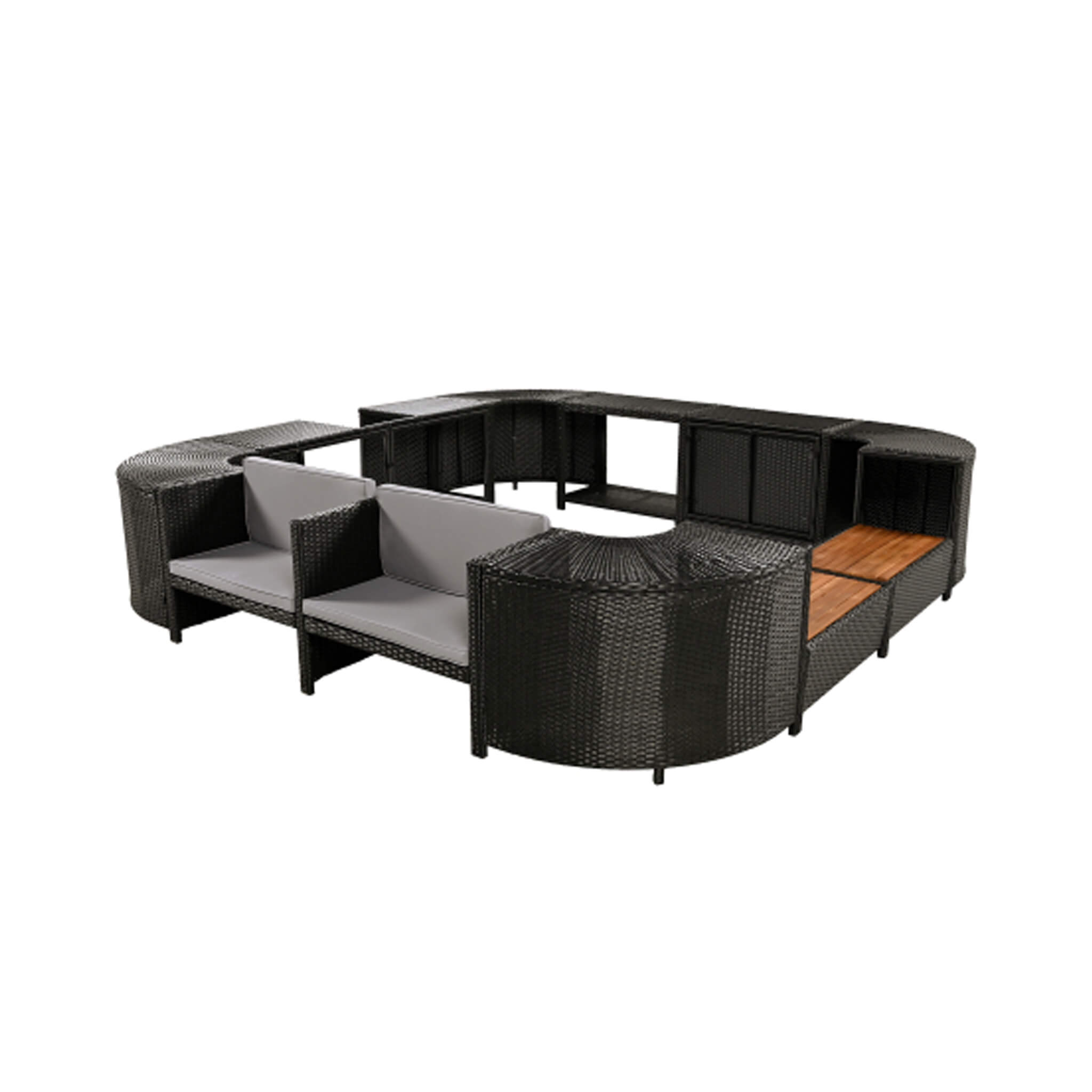 Conjunto de sofá seccional de ratán para spa exterior grande Alora con forma cuadrilátera y compartimentos de almacenamiento (SAK80217)