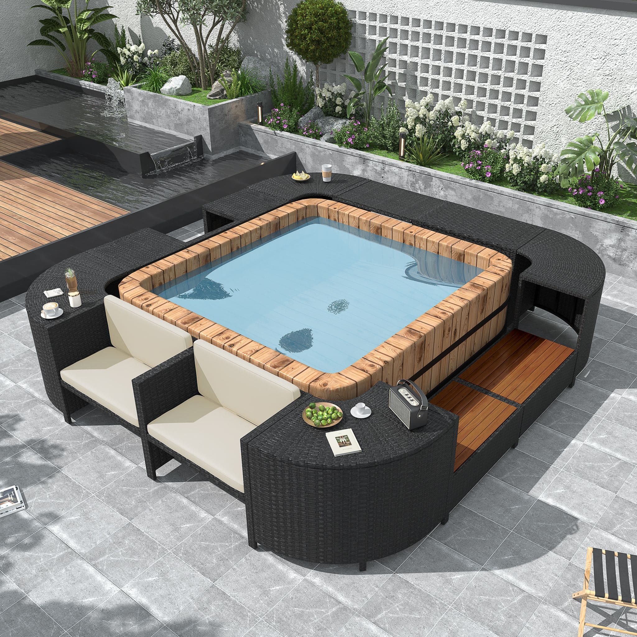 Conjunto de sofá seccional de ratán para spa exterior grande Alora con forma cuadrilátera y compartimentos de almacenamiento (SAK80217)