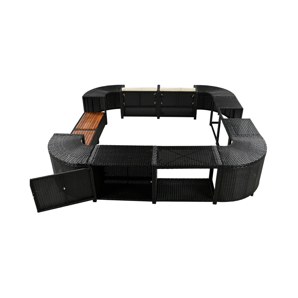 Conjunto de sofá seccional de ratán para spa exterior grande Alora con forma cuadrilátera y compartimentos de almacenamiento (SAK80217)