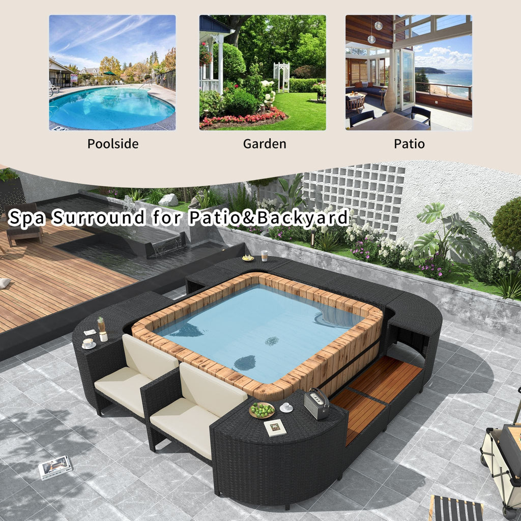 Conjunto de sofá seccional de ratán para spa exterior grande Alora con forma cuadrilátera y compartimentos de almacenamiento (SAK80217)
