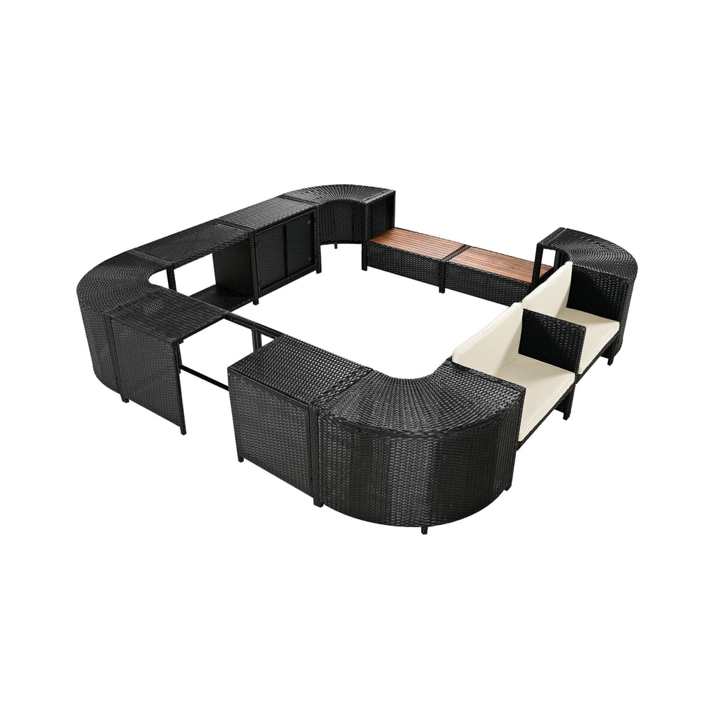 Conjunto de sofá seccional de ratán para spa exterior grande Alora con forma cuadrilátera y compartimentos de almacenamiento (SAK80217)