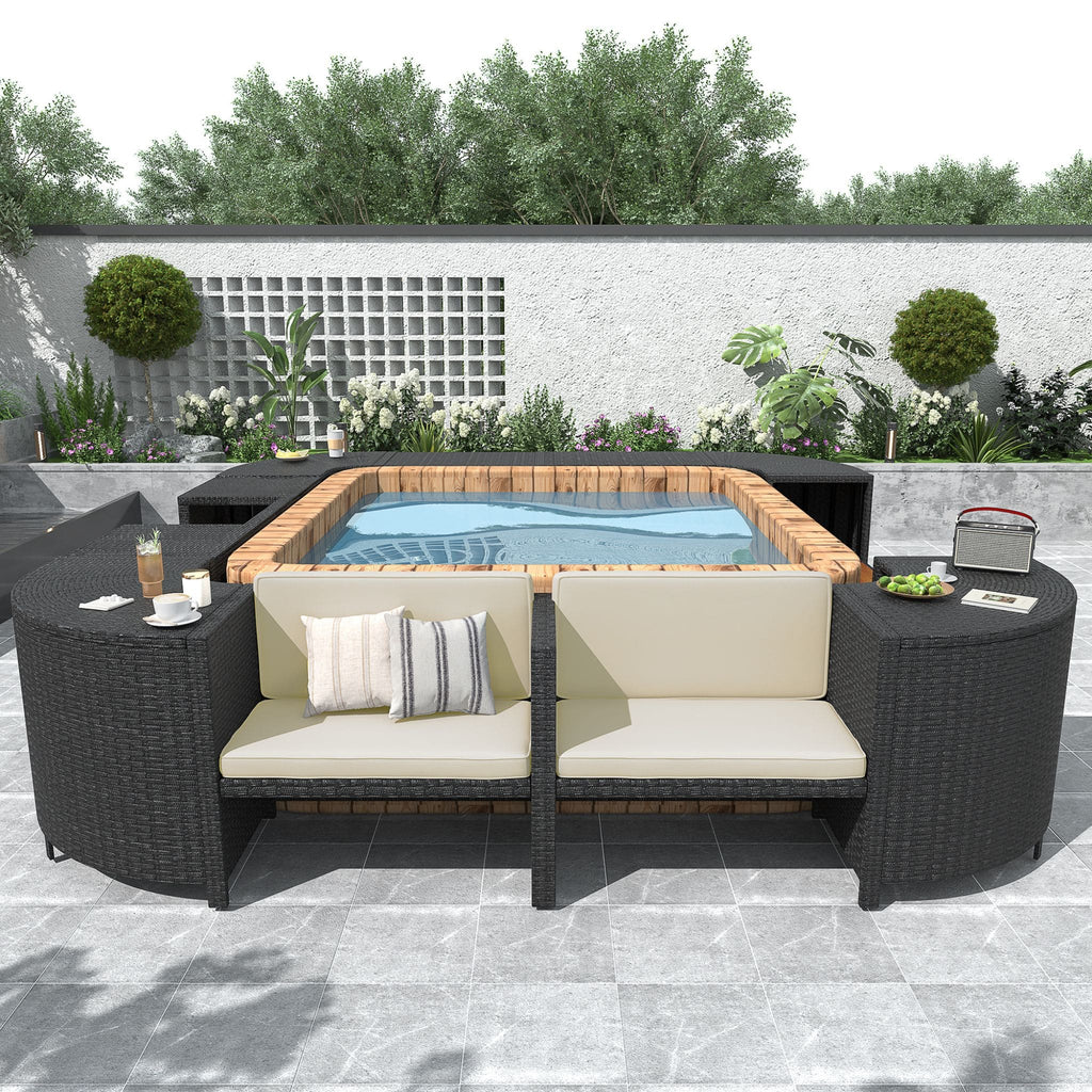 Conjunto de sofá seccional de ratán para spa exterior grande Alora con forma cuadrilátera y compartimentos de almacenamiento (SAK80217)