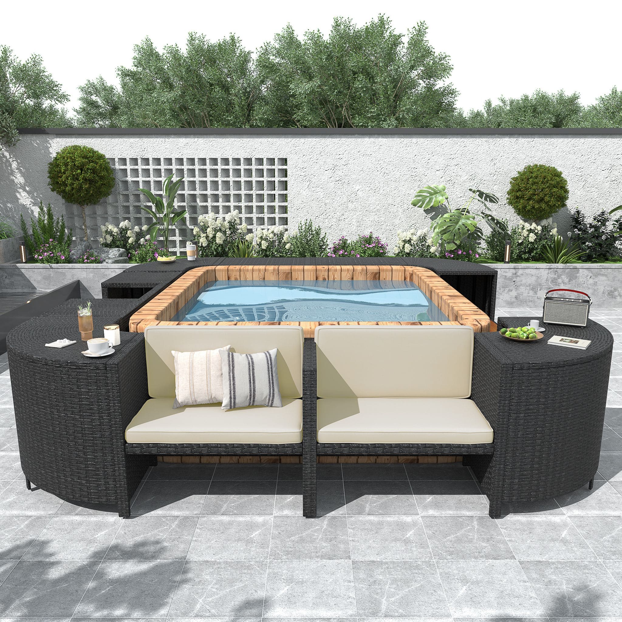 Conjunto de sofá seccional de ratán para spa exterior grande Alora con forma cuadrilátera y compartimentos de almacenamiento (SAK80217)