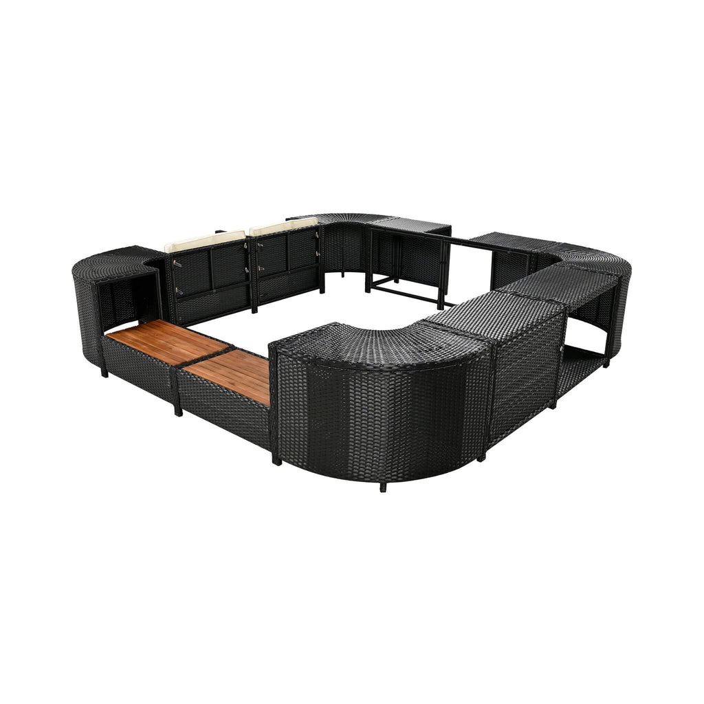Conjunto de sofá seccional de ratán para spa exterior grande Alora con forma cuadrilátera y compartimentos de almacenamiento (SAK80217)