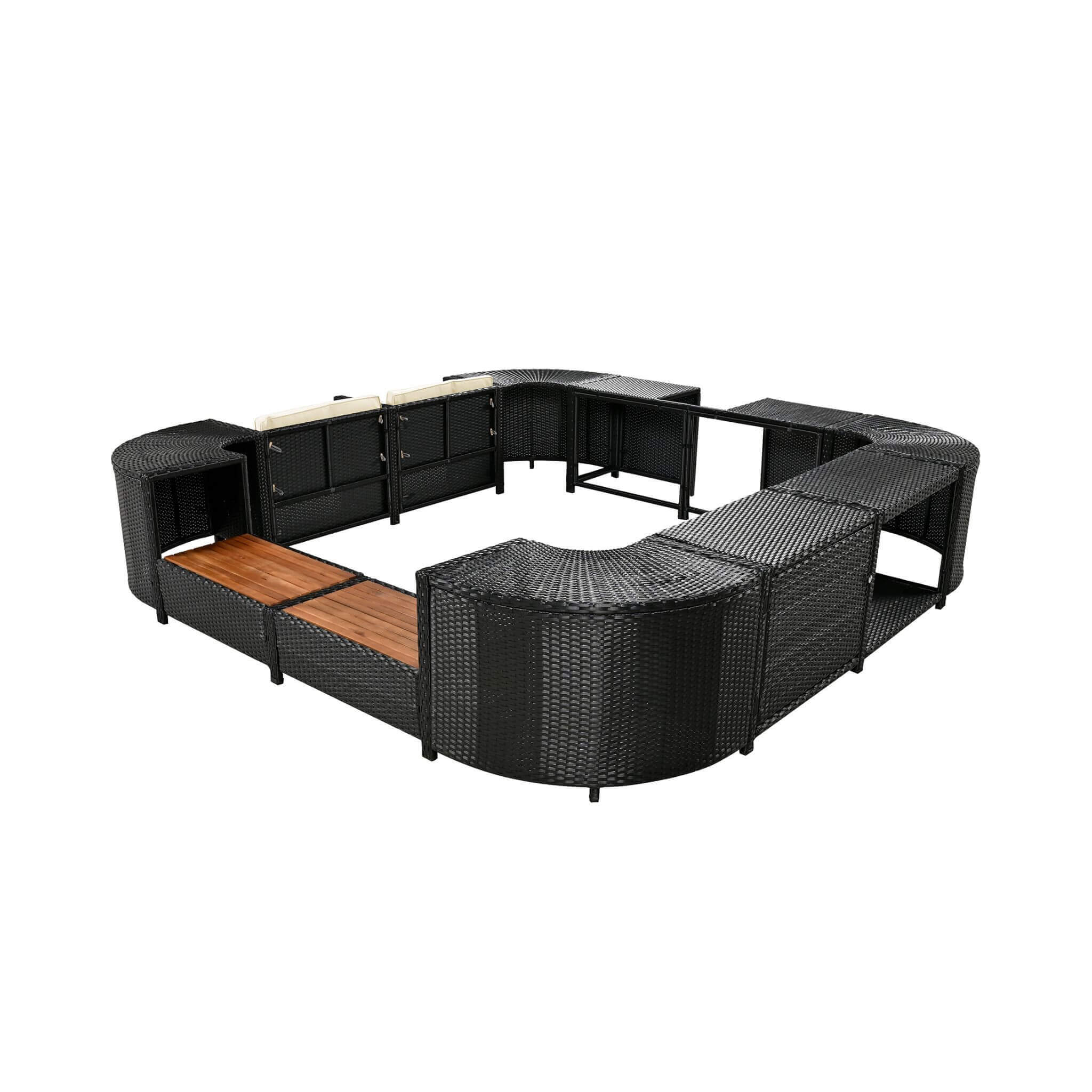 Conjunto de sofá seccional de ratán para spa exterior grande Alora con forma cuadrilátera y compartimentos de almacenamiento (SAK80217)
