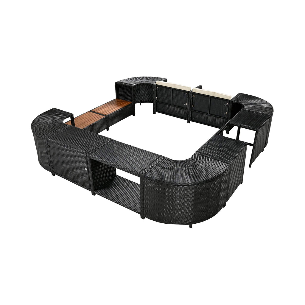 Conjunto de sofá seccional de ratán para spa exterior grande Alora con forma cuadrilátera y compartimentos de almacenamiento (SAK80217)
