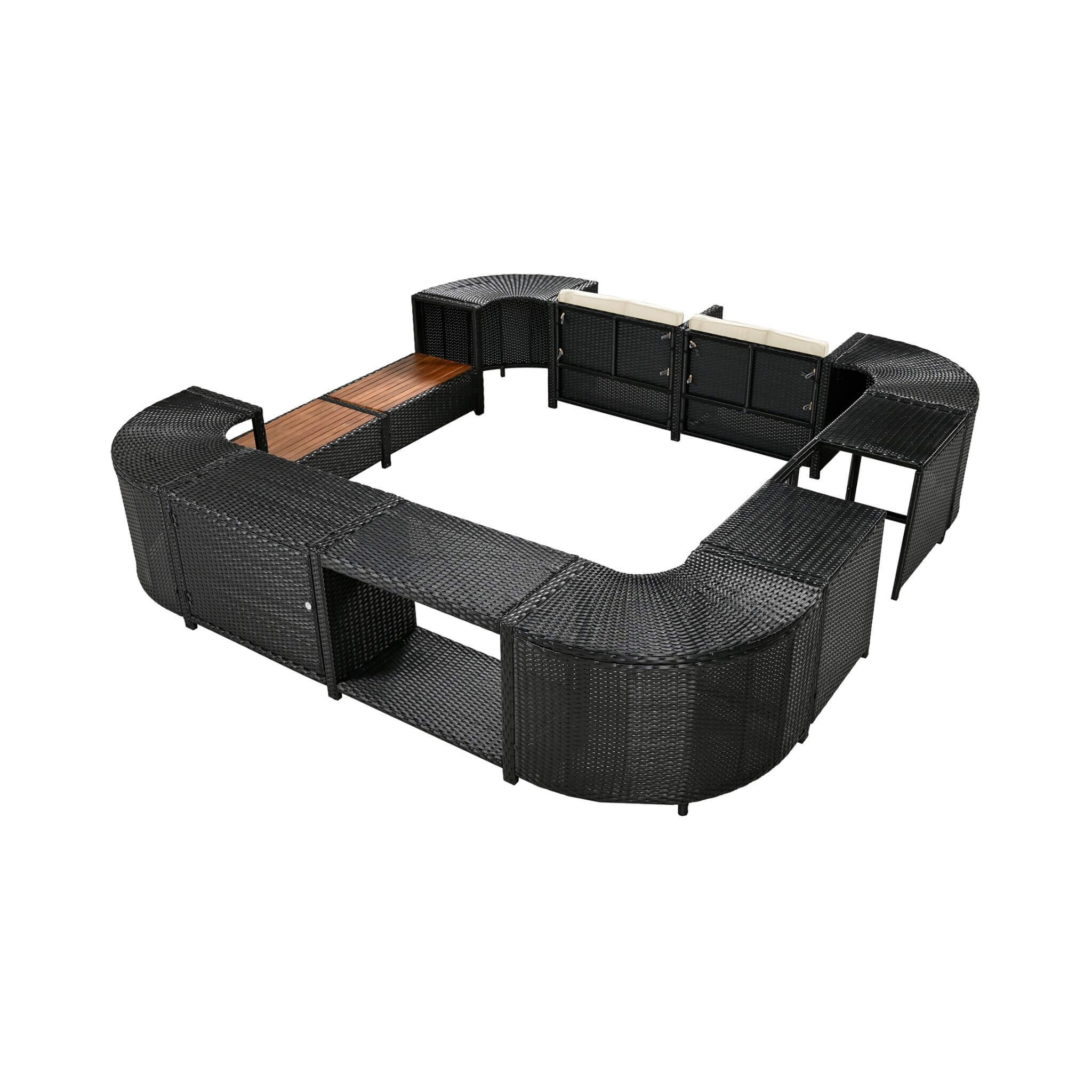 Conjunto de sofá seccional de ratán para spa exterior grande Alora con forma cuadrilátera y compartimentos de almacenamiento (SAK80217)