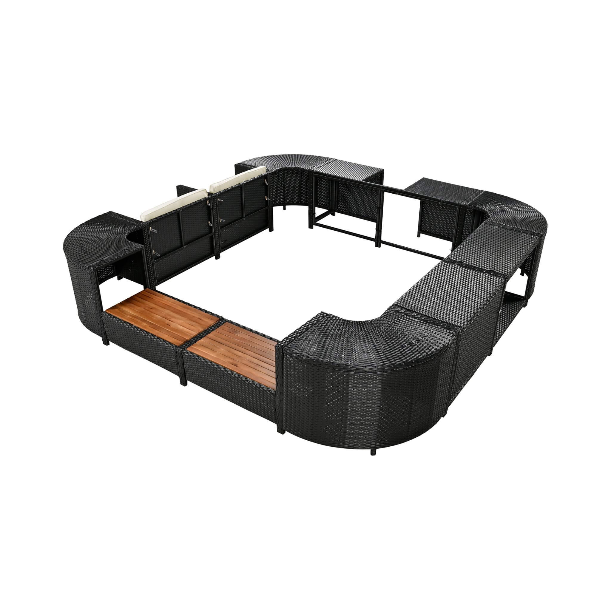 Conjunto de sofá seccional de ratán para spa exterior grande Alora con forma cuadrilátera y compartimentos de almacenamiento (SAK80217)