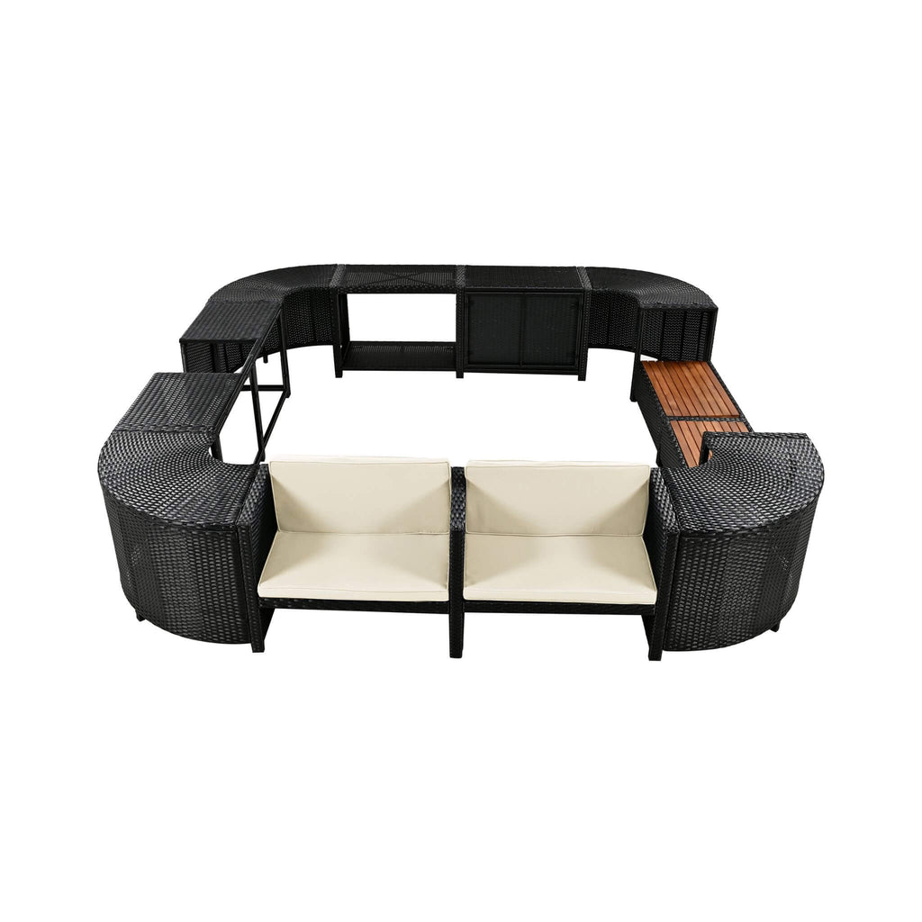 Conjunto de sofá seccional de ratán para spa exterior grande Alora con forma cuadrilátera y compartimentos de almacenamiento (SAK80217)