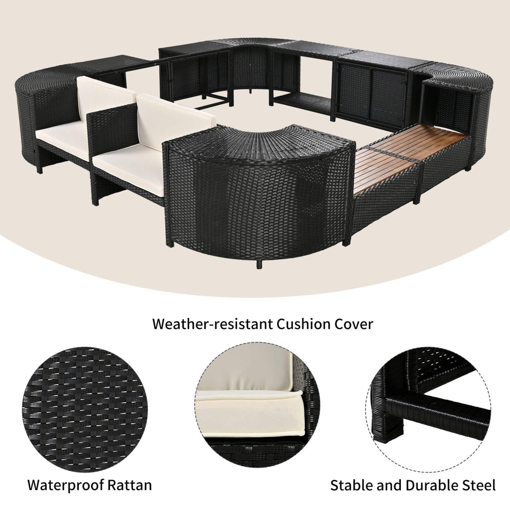 Conjunto de sofá seccional de ratán para spa exterior grande Alora con forma cuadrilátera y compartimentos de almacenamiento (SAK80217)