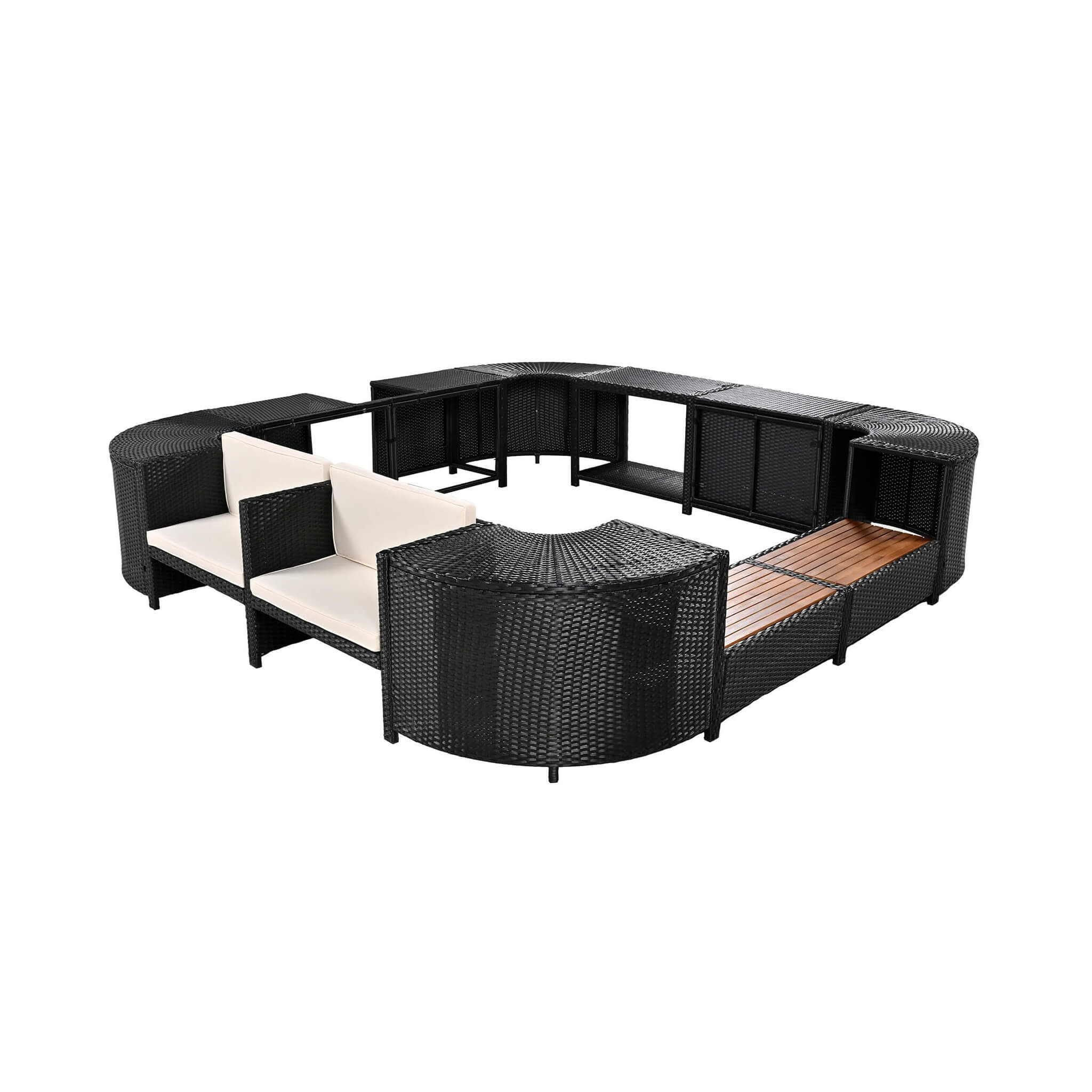Conjunto de sofá seccional de ratán para spa exterior grande Alora con forma cuadrilátera y compartimentos de almacenamiento (SAK80217)