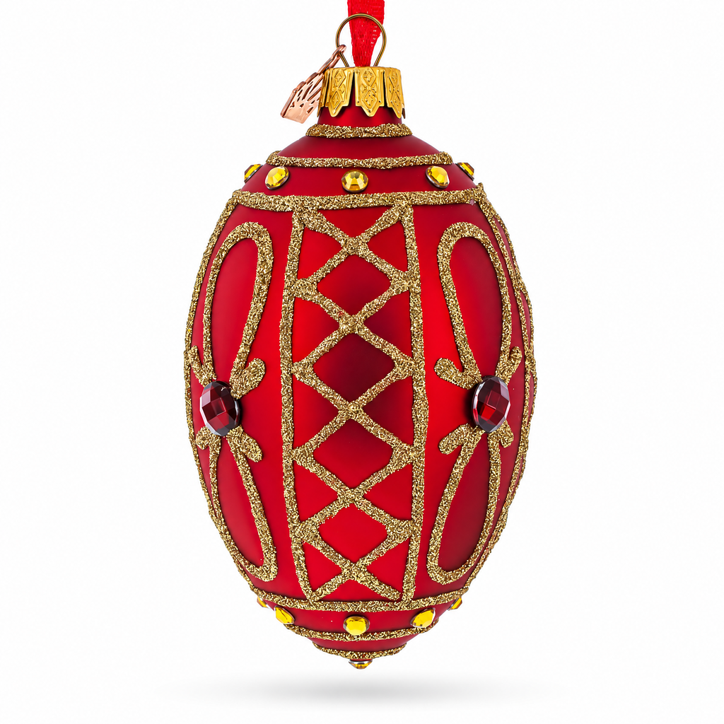 Red Jewel on Red Glass Egg Ornament 4 Inches