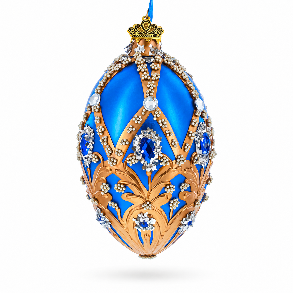 Royal Blue Jeweled Egg with Gold Filigree and Crystal Accents Glass Egg Ornament 4 Inches